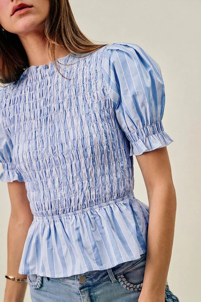Stripe Smocked Bodice Puff Sleeves Blouse Top, image 2