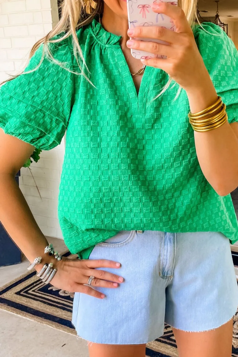 Textured Puff Short Sleeve Notched Top, image 5