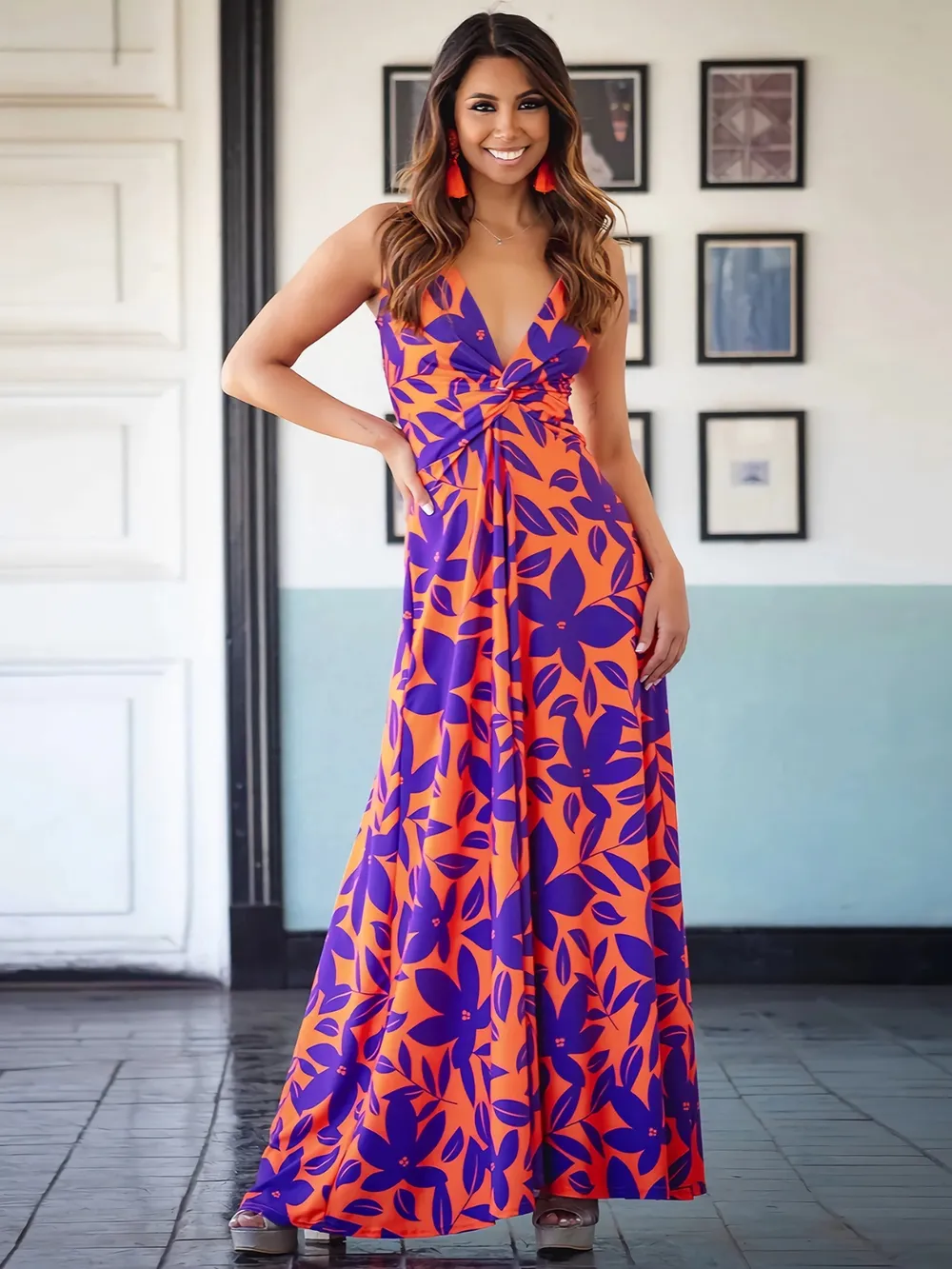 Twisted Printed V-Neck Cami Dress, image 8