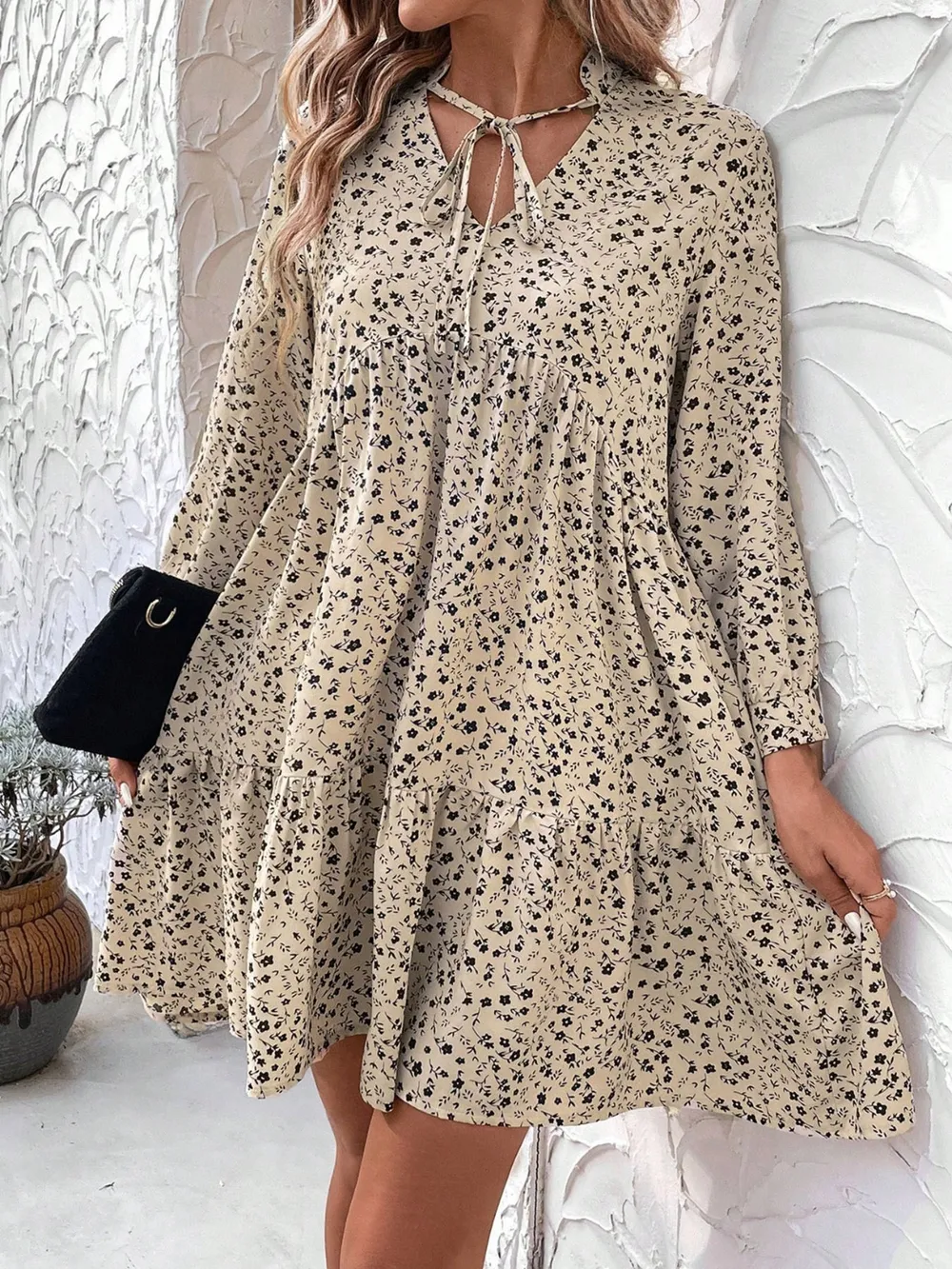 Tied Printed Long Sleeve Mini Dress, image 4