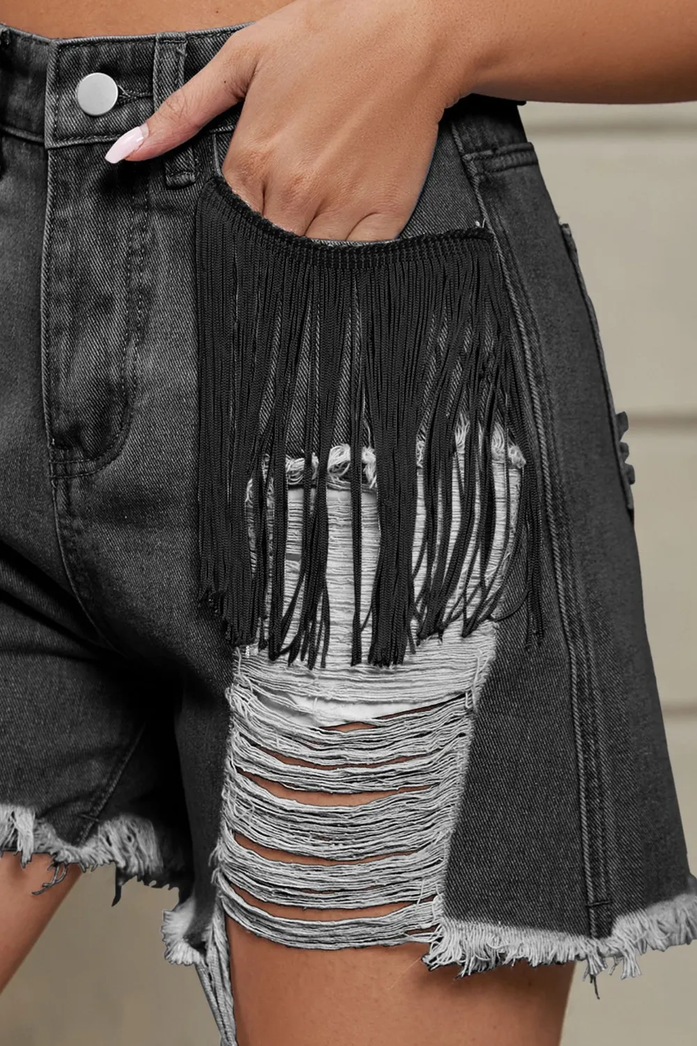 Distressed Fringe Denim Shorts, image 13