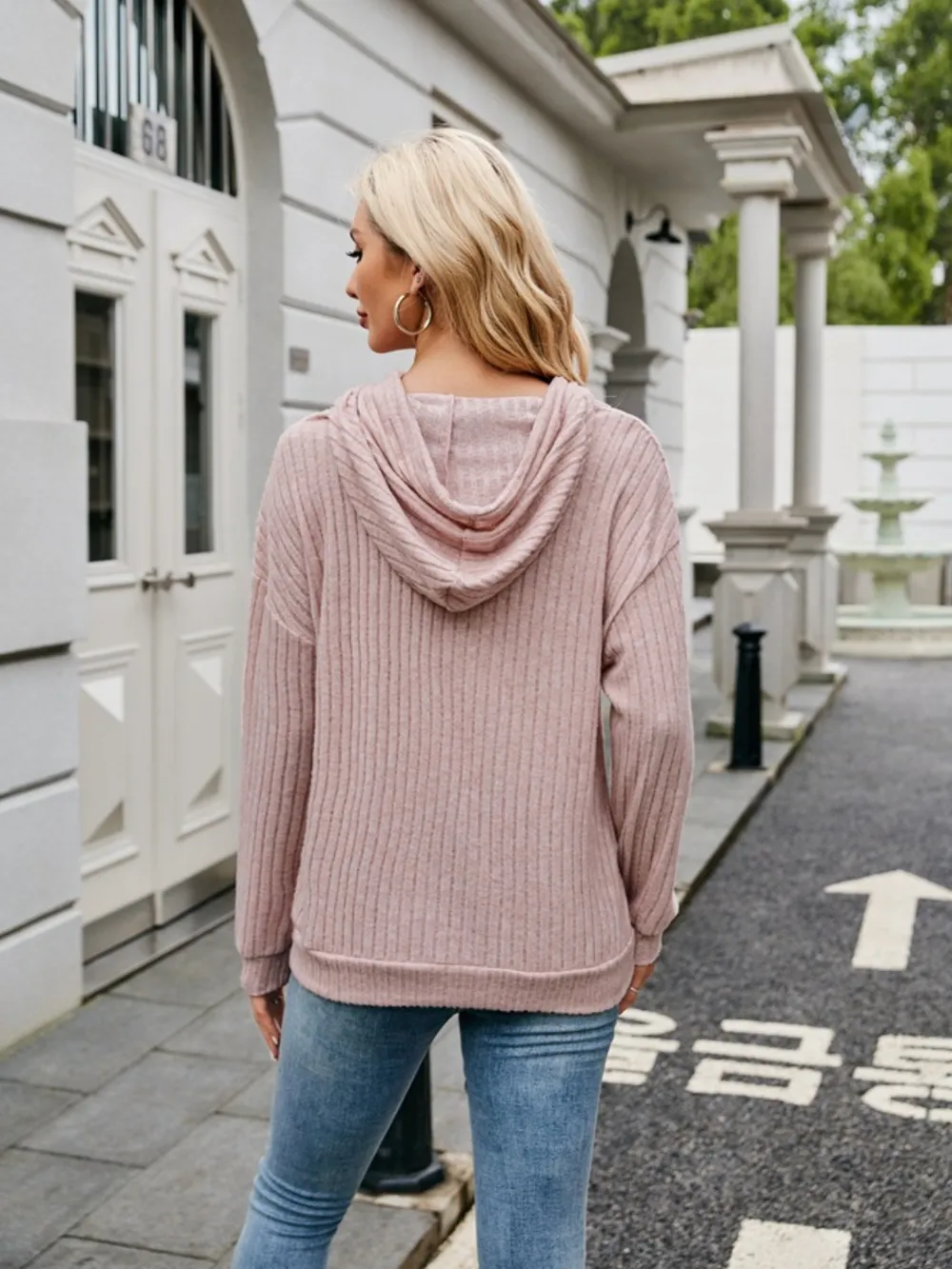 Ribbed Drawstring Long Sleeve Hoodie, image 12