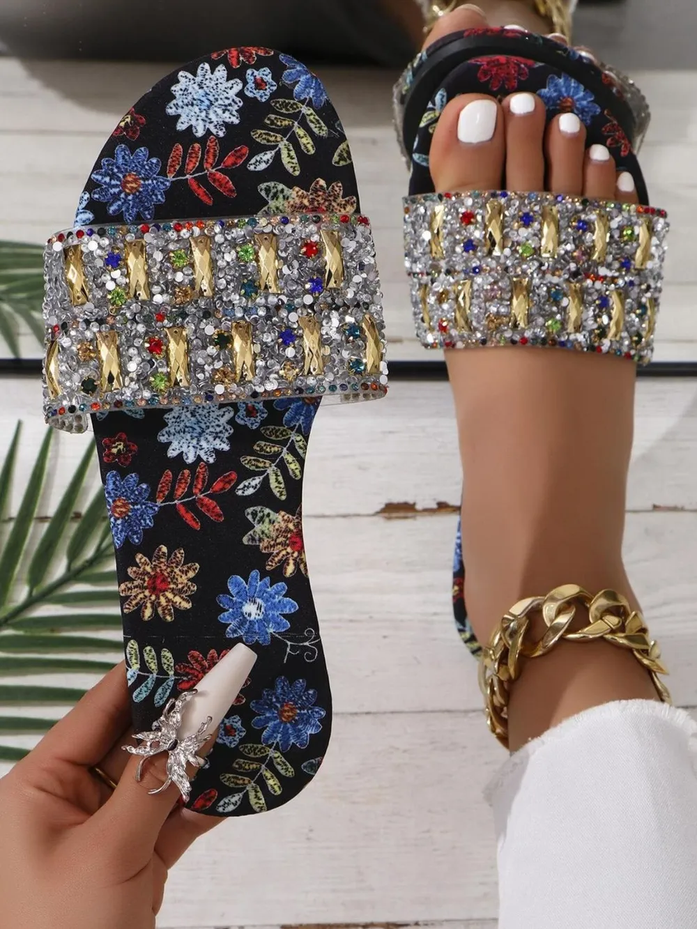 Floral Print Rhinestone Decorated Sandals, image 3