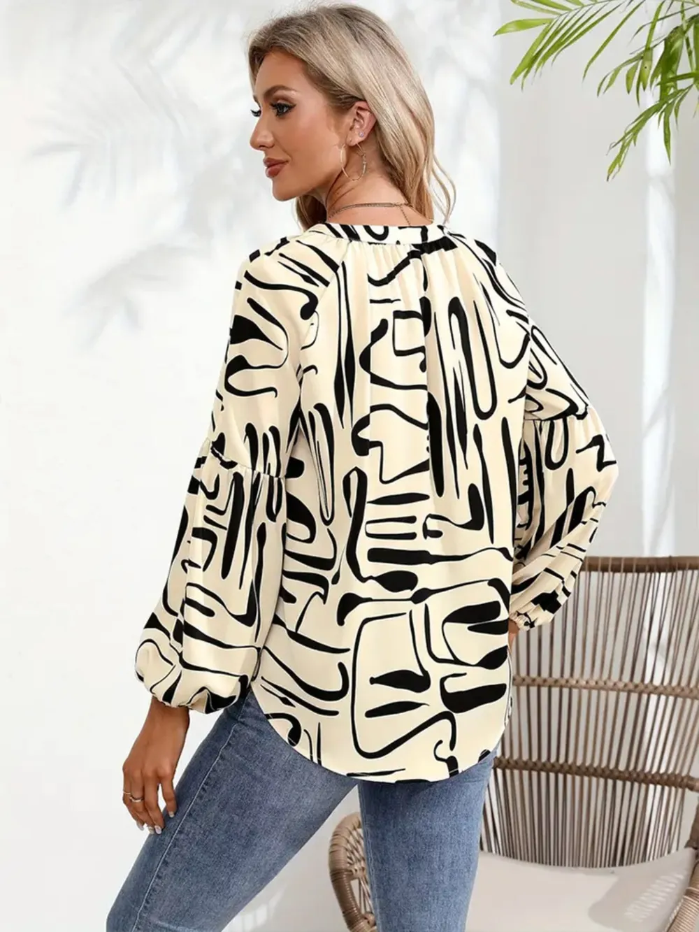 Printed Notched Long Sleeve Blouse, image 3