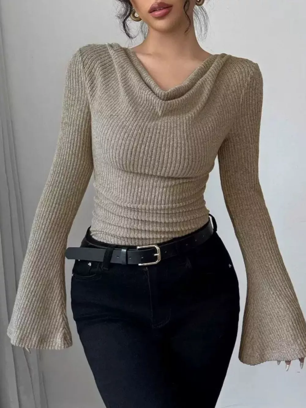 Off-Shoulder Bell Sleeve Ribbed Blouse, image 6