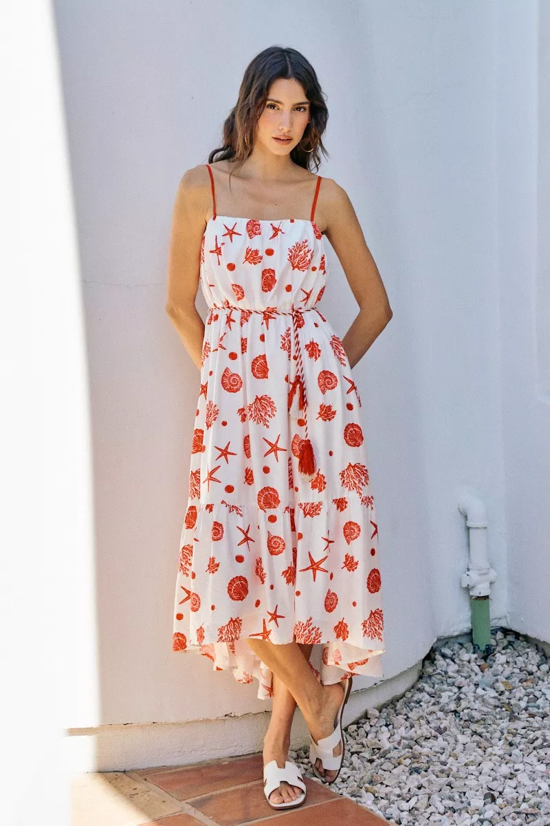 Shell Print Tiered Lined Midi Cami Dress With Belt, image 2