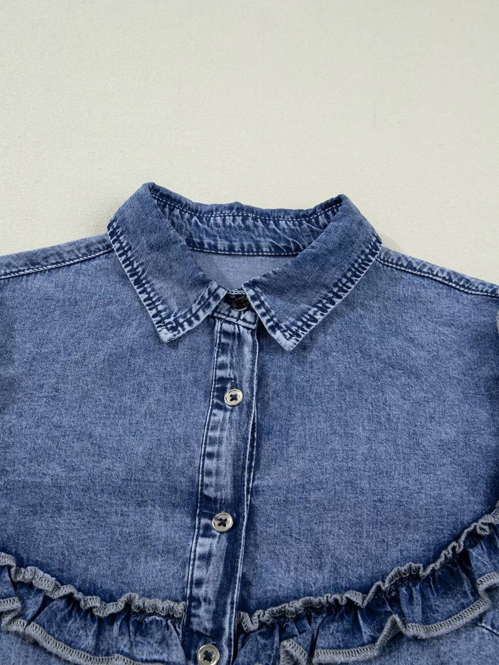 intage Wash Denim Ruffle Detail Button Down Shirt, image 8