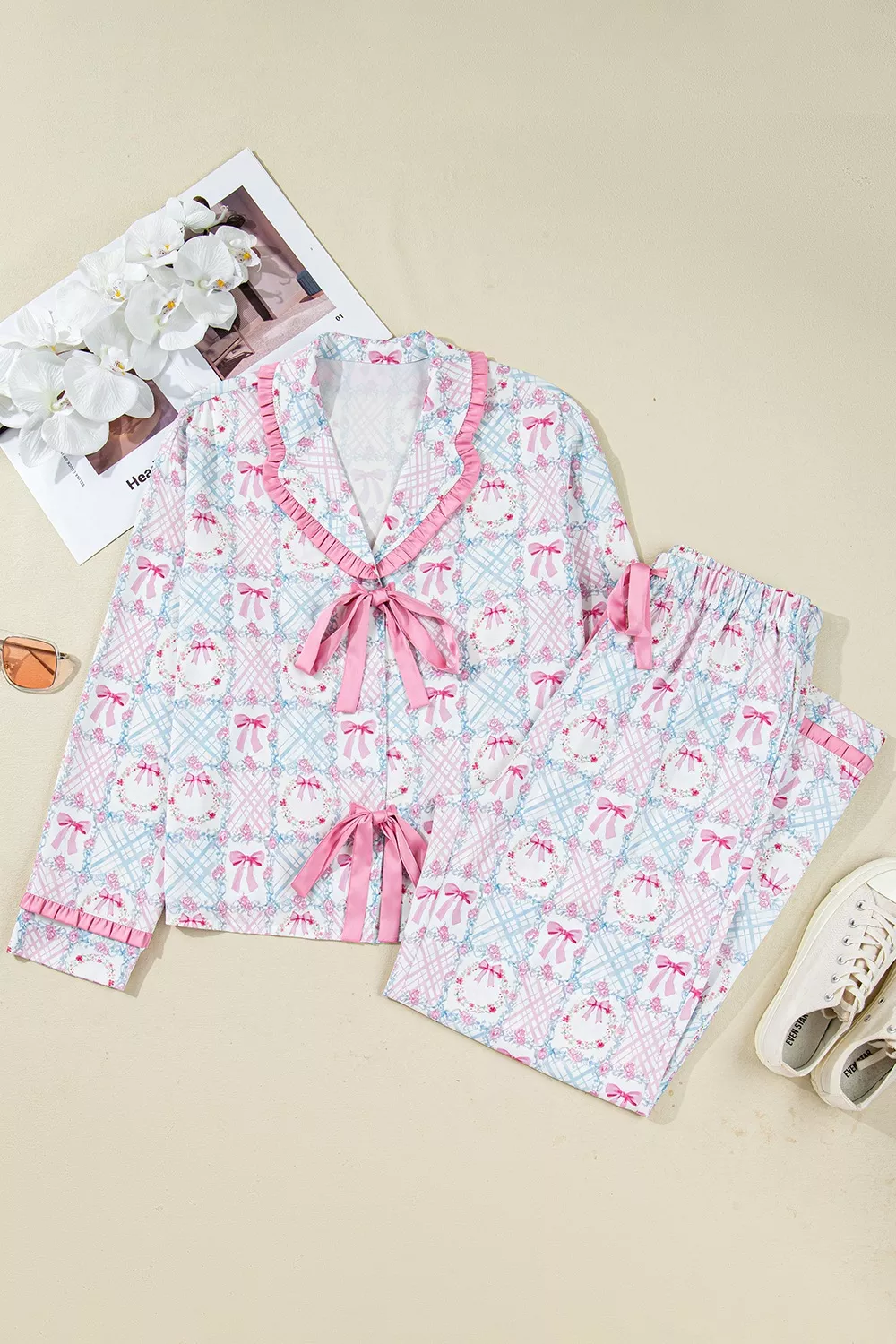 Wreath Pattern Christmas Tied Front Long Sleeve 2pcs Pajama Set, image 9