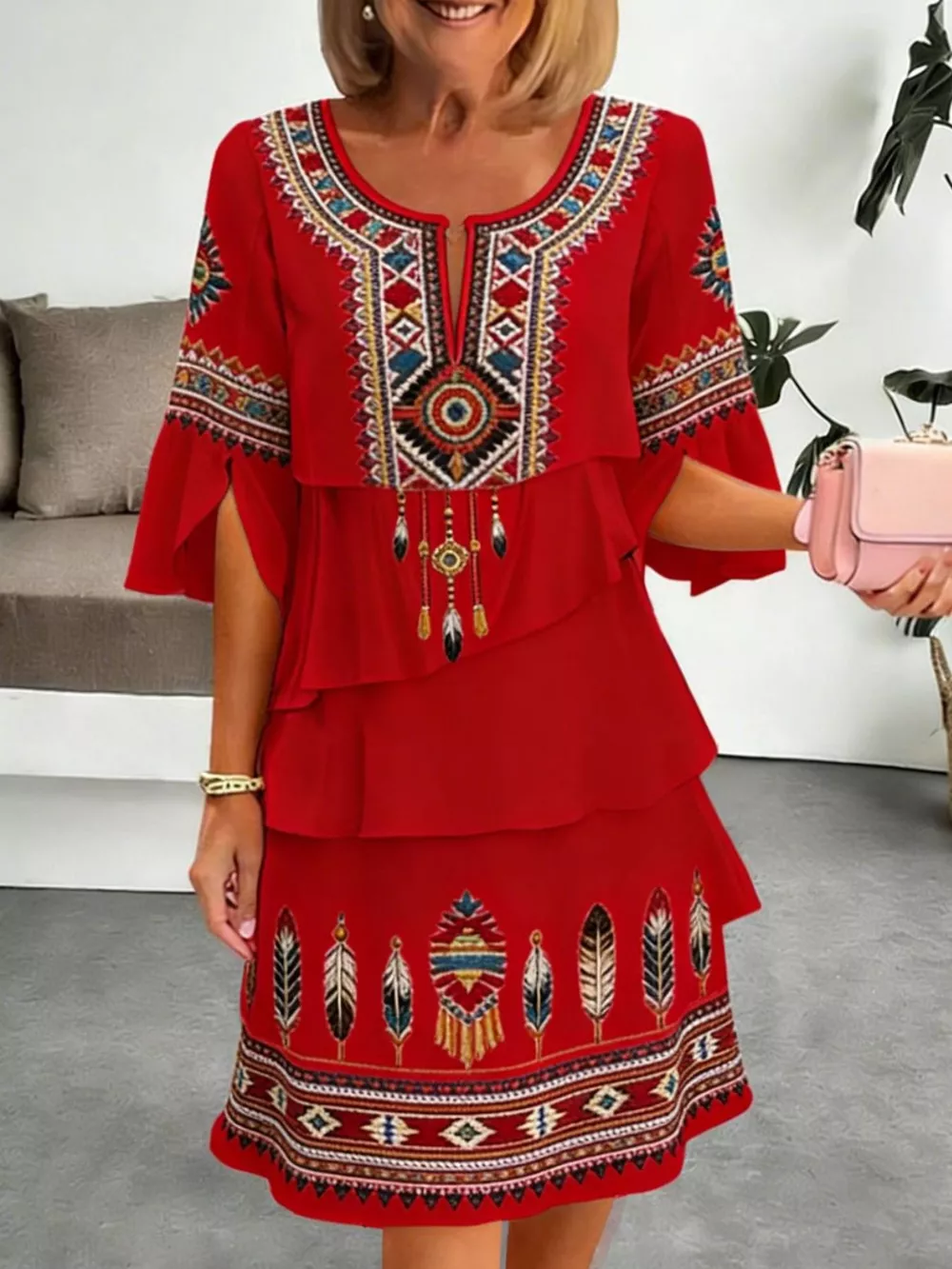 Full Size Printed Notched Ruffled Half Sleeve Dress Plus Size, image 4