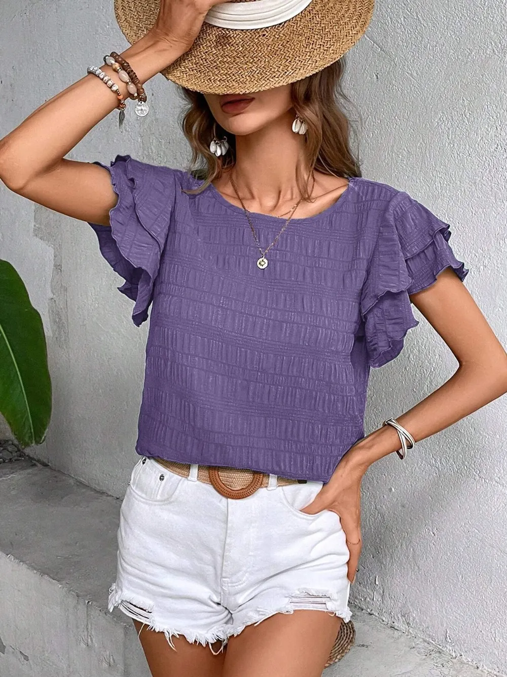 Round Neck Flounce Sleeve Blouse, image 24