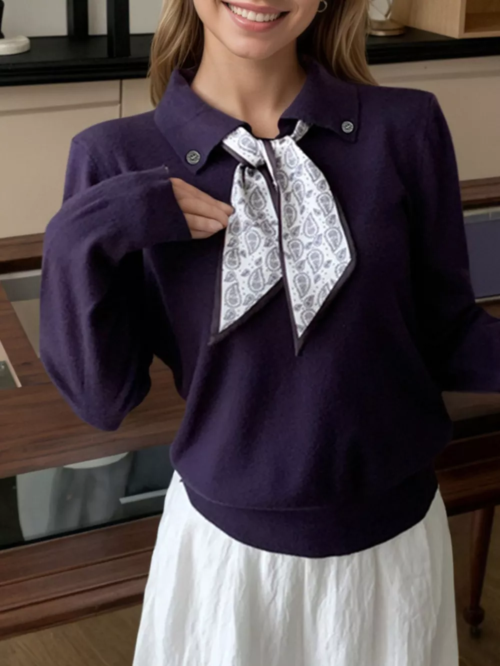 Scarf-Accented Long Sleeve Sweater, image 14