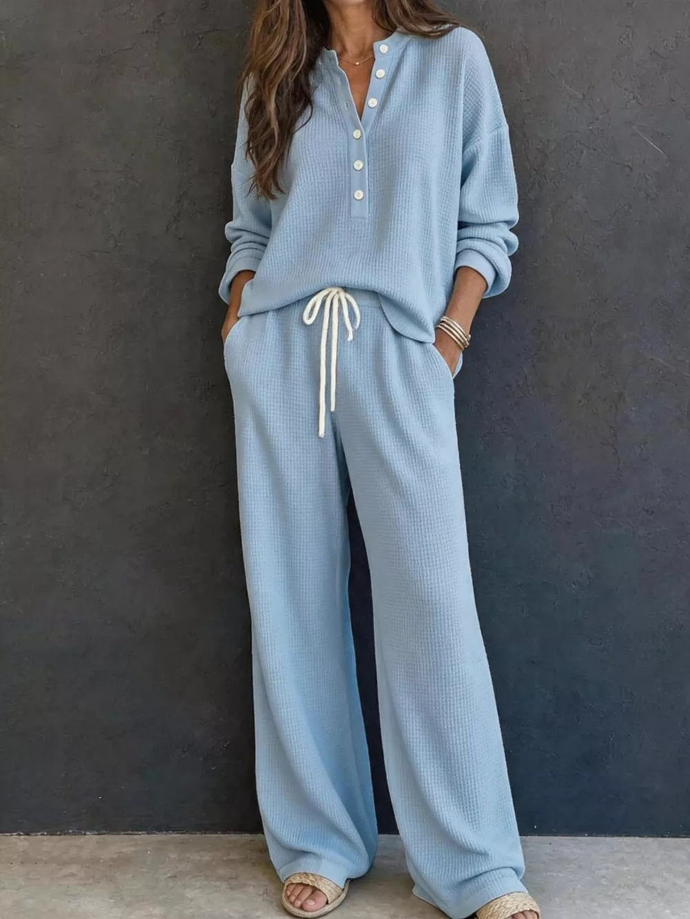 Waffle Knit Henley Top and Wide Leg Pants Set, image 7