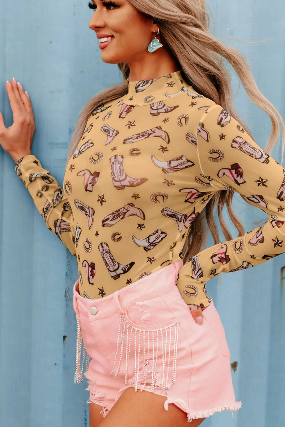 Printed Mock Neck Long Sleeve Bodysuit, image 15