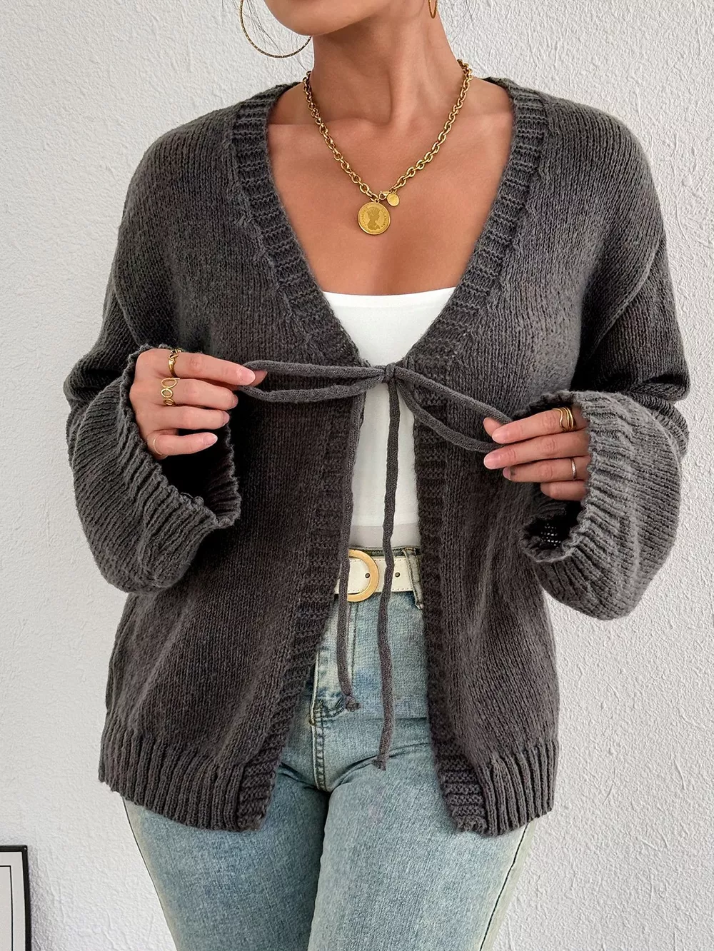 Tie-Front Dropped Shoulder Cardigan, image 4