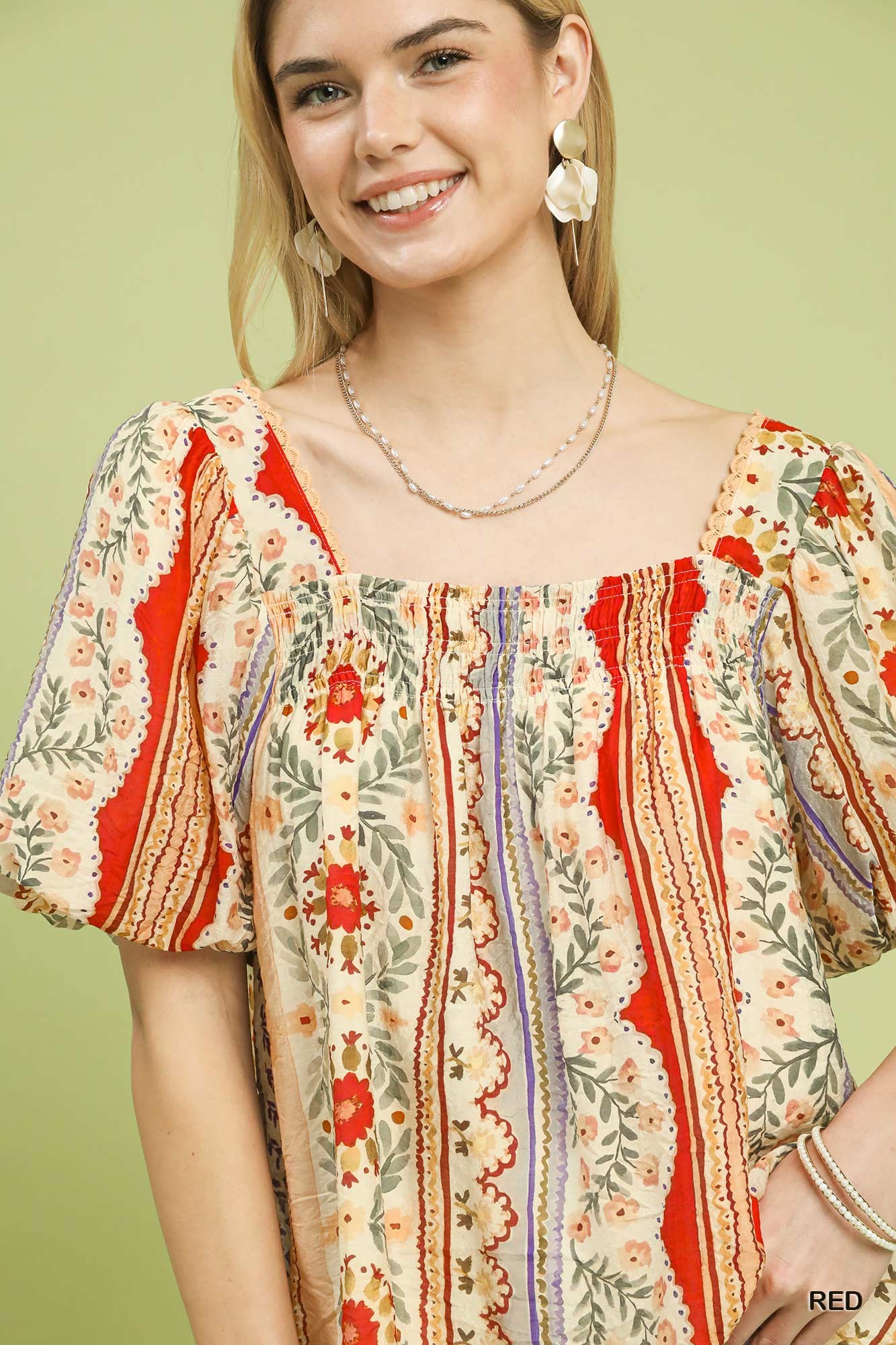Patchwork Puff Sleeve Smocked Blouse, image 2