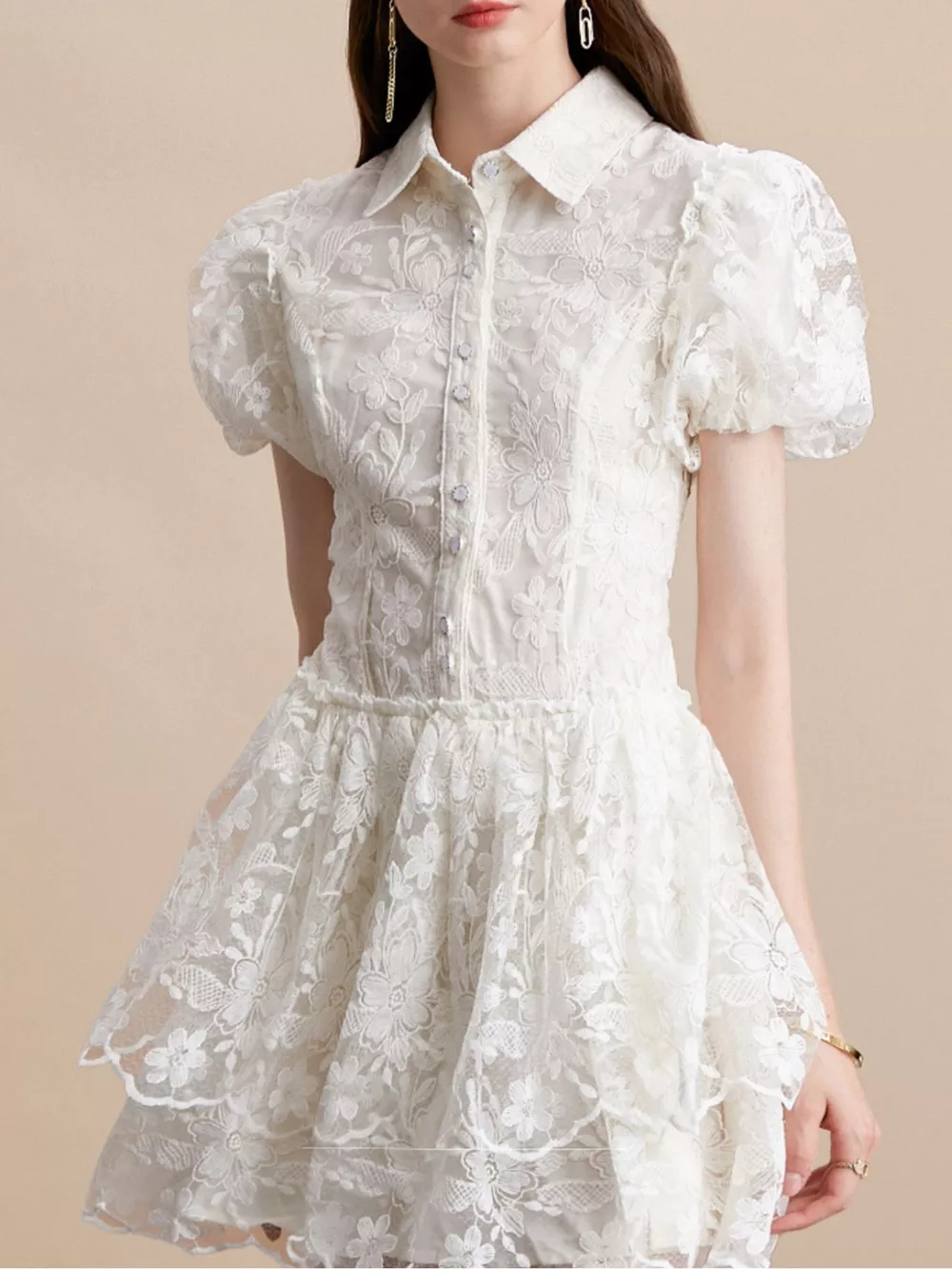 Lace Puff Sleeve Mini Dress
