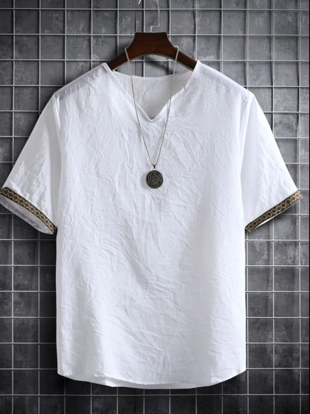 Men's Plus Size Texture Short Sleeve Top with Ethnic Trim, image 17
