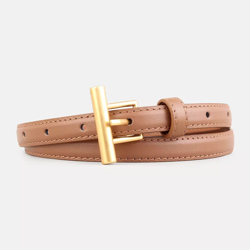 Leather Belt with Golden T-Buckle, image 5