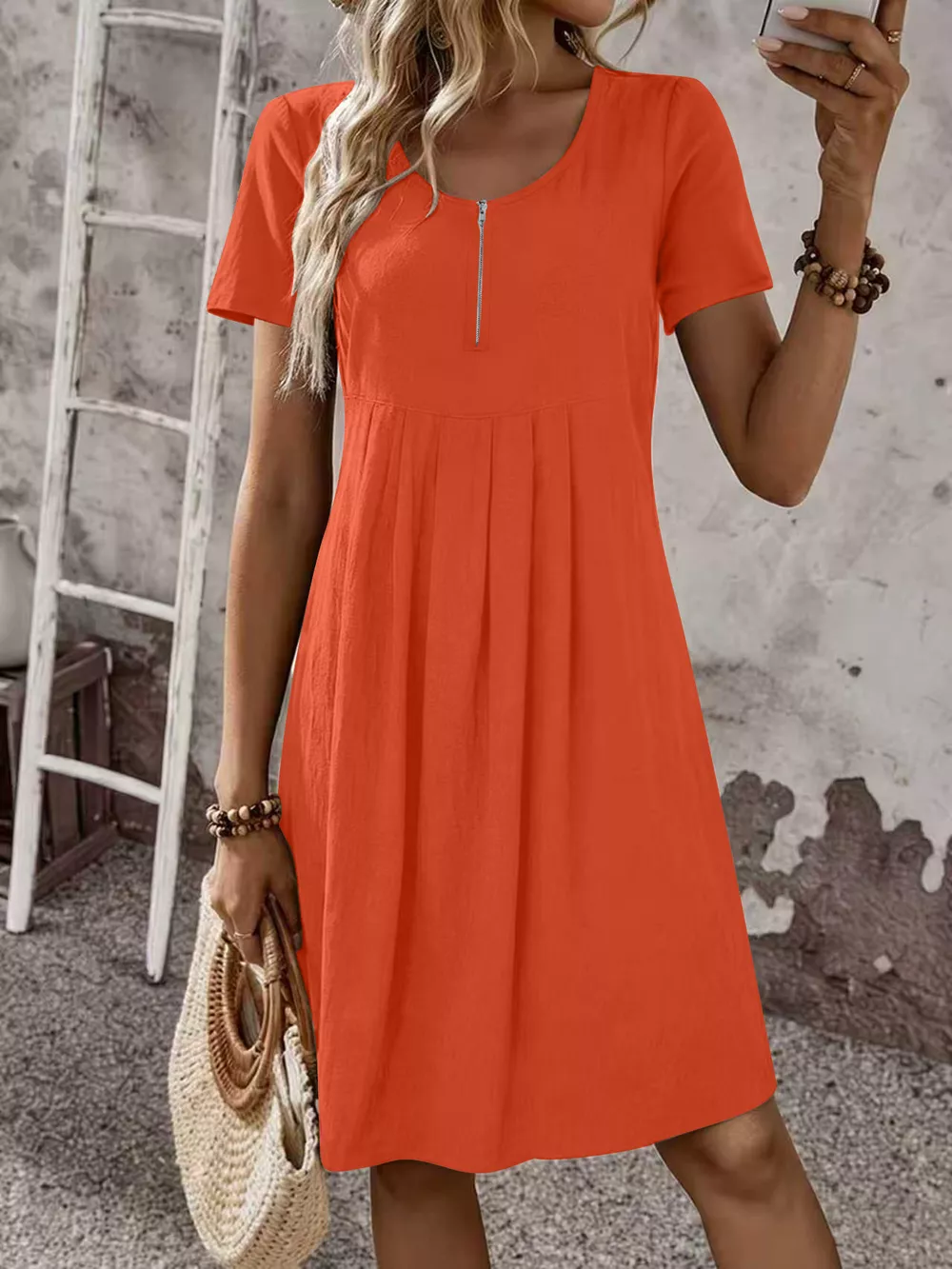 Zipper-Front Short Sleeve A-Line Dress, image 19