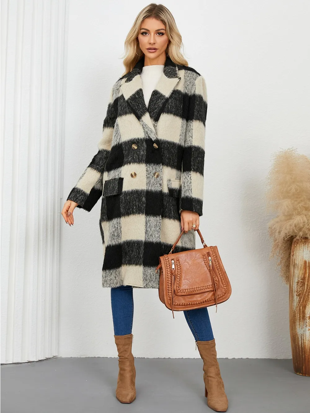 Plaid Double-Breasted Long Sleeve Coat, image 3