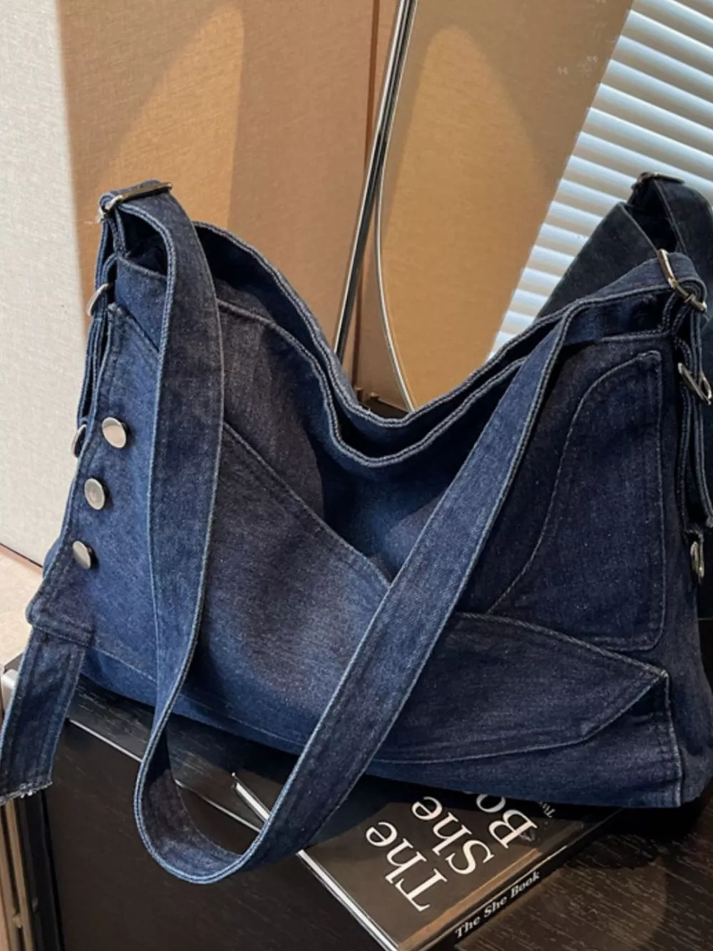 Casual Denim Crossbody Bag with Button Detail, image 3