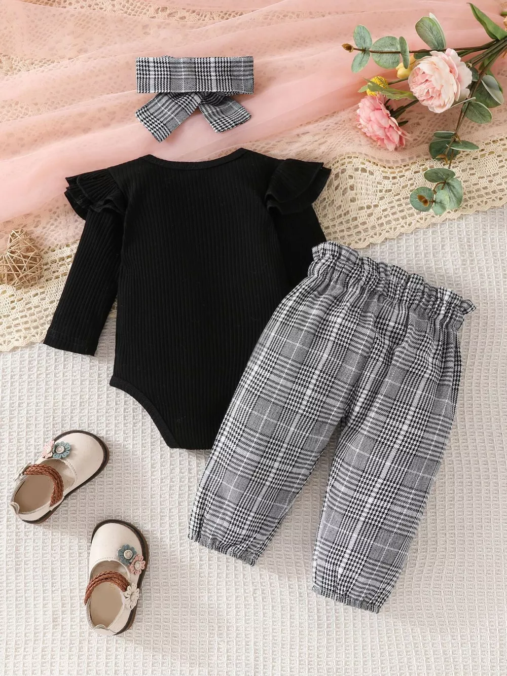 Children's Bodysuit & Plaid Pants & Headband Set, image 2