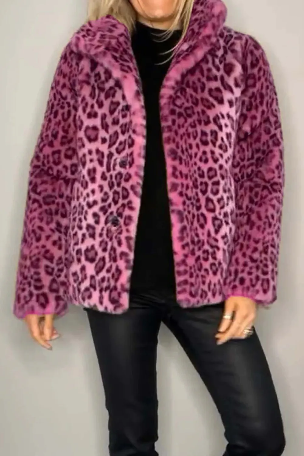 Full Size Leopard Furry Collared Neck Long Sleeve Coat, image 13
