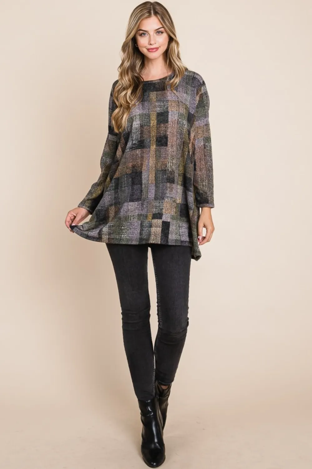 Plaid Round Neck Long Sleeve Top, image 5