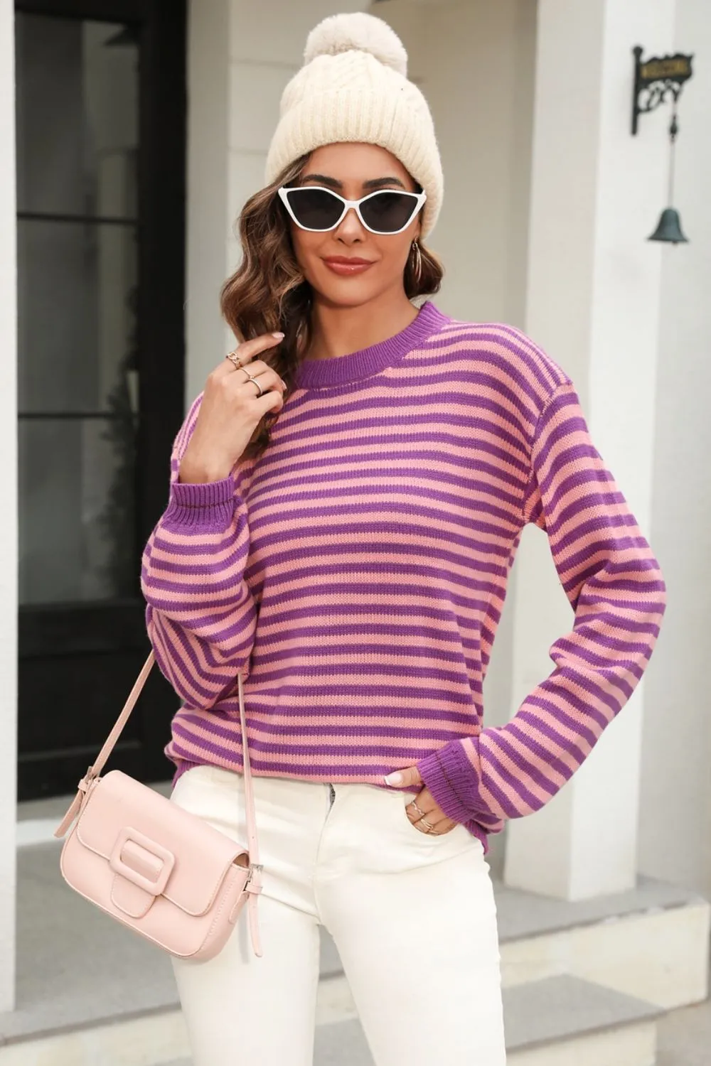 Striped Round Neck Dropped Shoulder Sweater, image 27