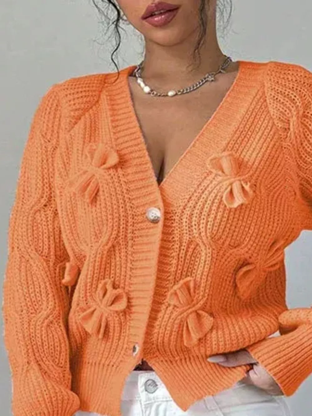 Bow Cable Knit V-Neck Cardigan, image 12