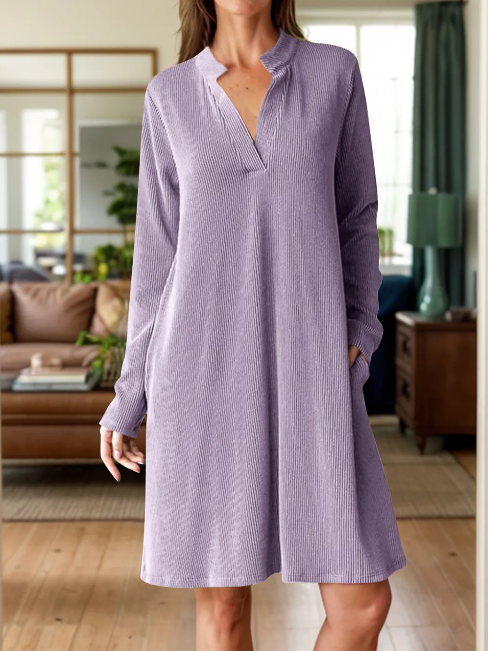 Notched Long Sleeve Mini Dress with Pockets, image 8
