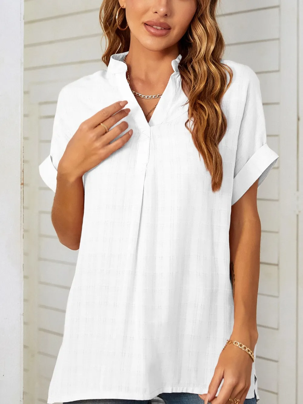 Side Slit Notched Short Sleeve Blouse, image 7