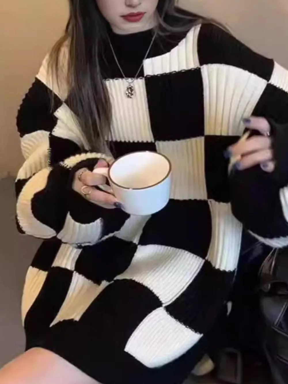 Checkerboard Pattern Oversized Sweater, image 5