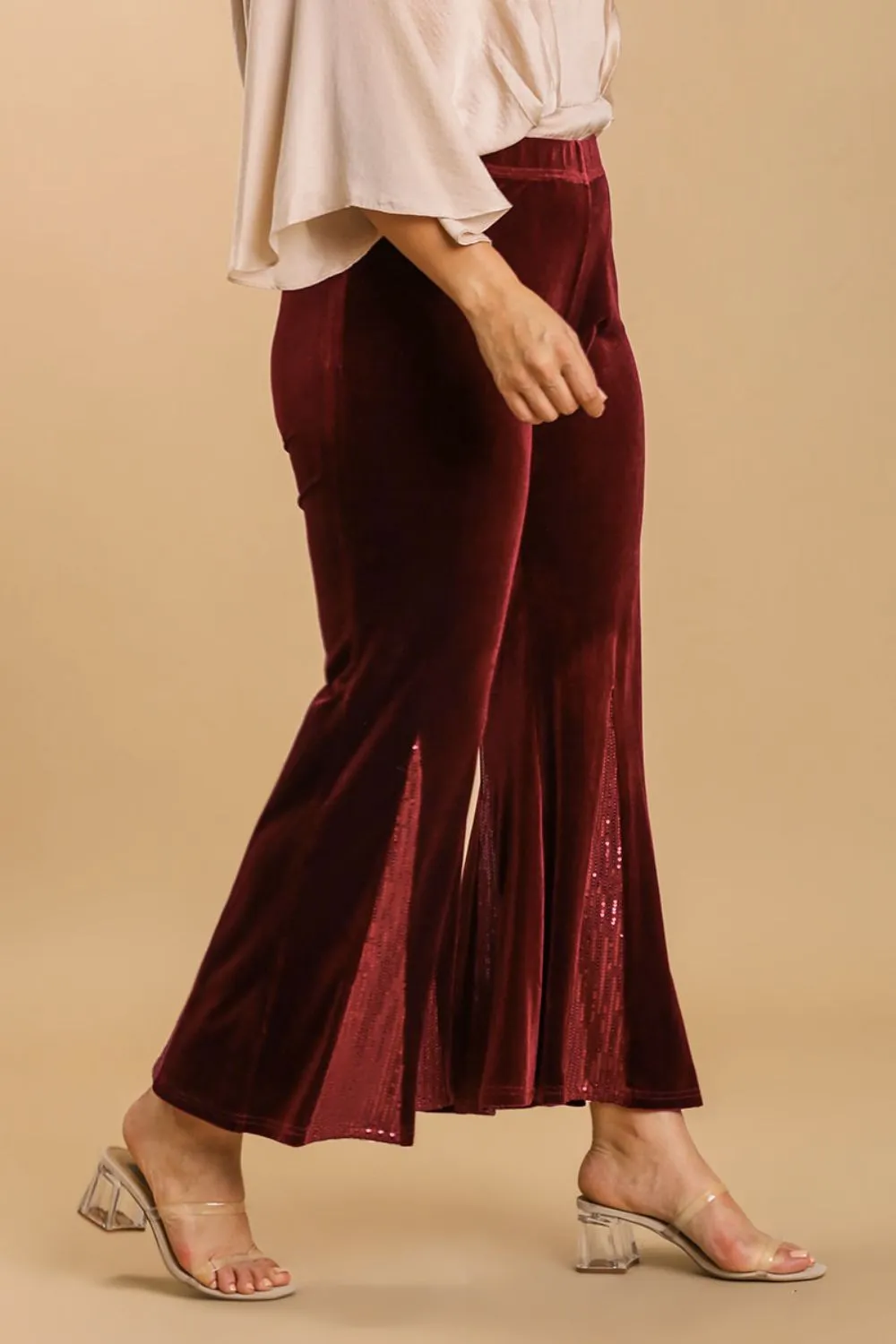 Full Size Sequin Elastic Waist Velvet Stretch Flare Leg Pants Plus Size, image 5