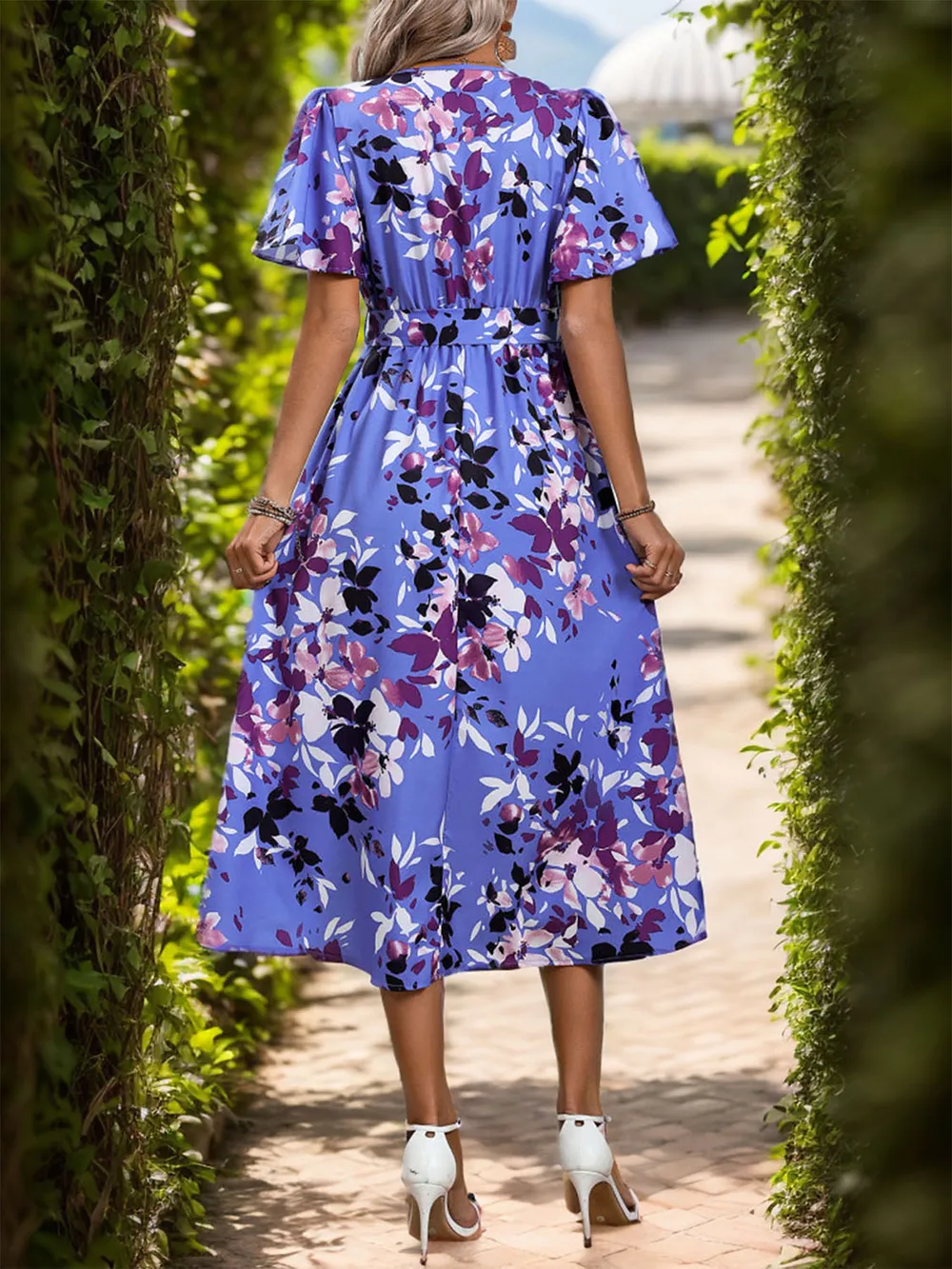 High-Low Printed Surplice Short Sleeve Midi Dress, image 5
