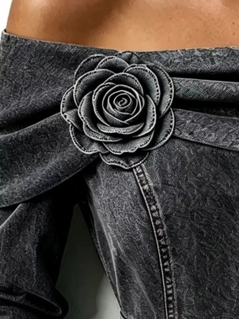 Full Size Off-Shoulder Floral Denim Look Top Plus Size, image 8