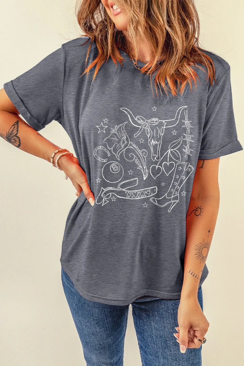Cowgirl Boots OX Head Western Graphic Crewneck Tee