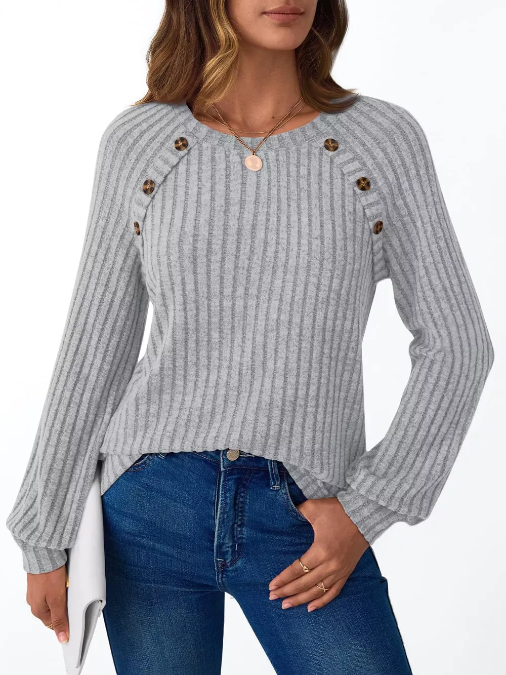 Ribbed Knit Decor Button Long Sleeve T-Shirt, image 14