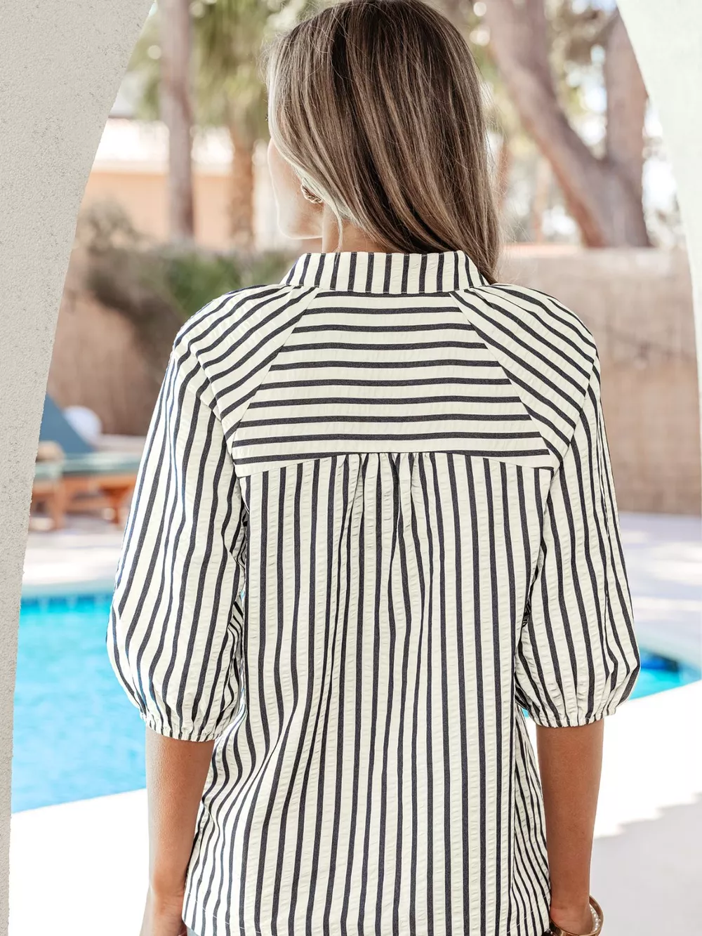 Stripe Floral Embroidered Detail V Neck Short Sleeve Blouse, image 4