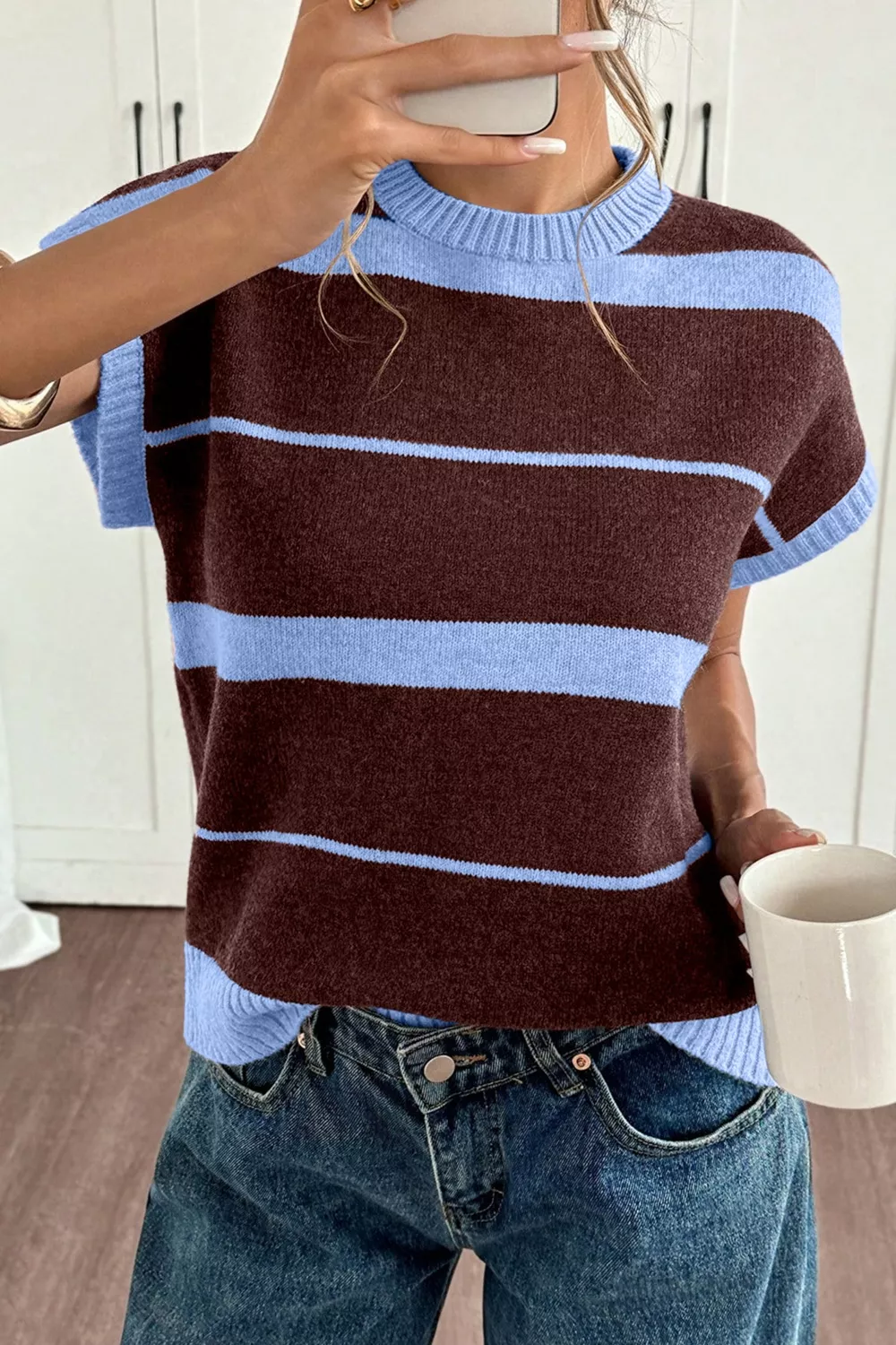 Striped Short Sleeve Round Neck Casual Knit Top, image 2