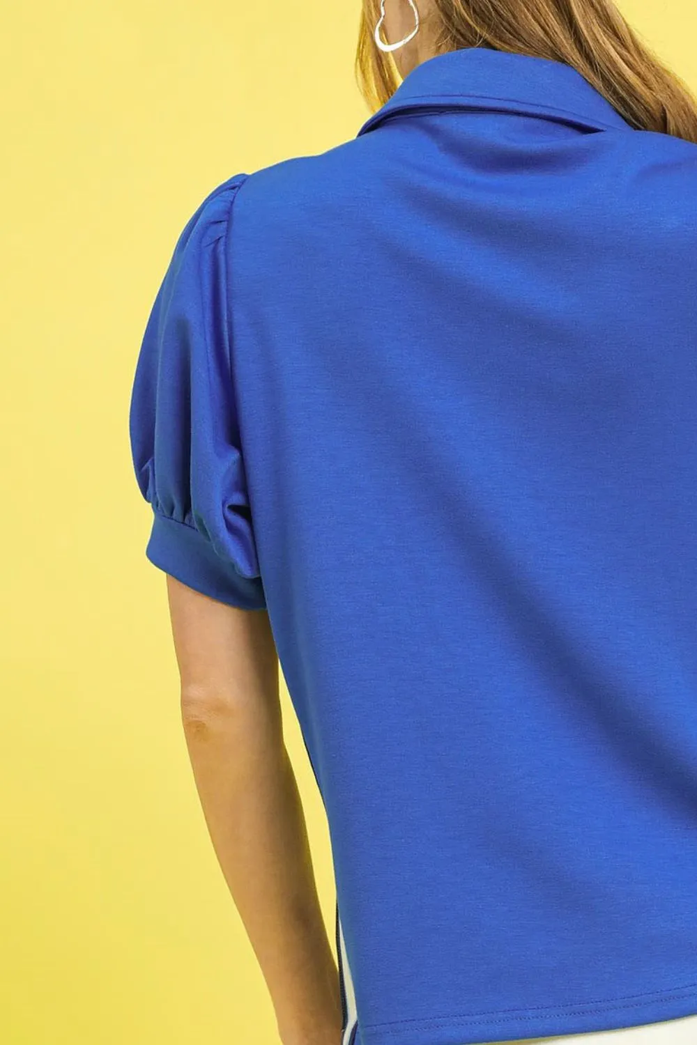 Side Zip Striped Puff Sleeve Polo, image 3
