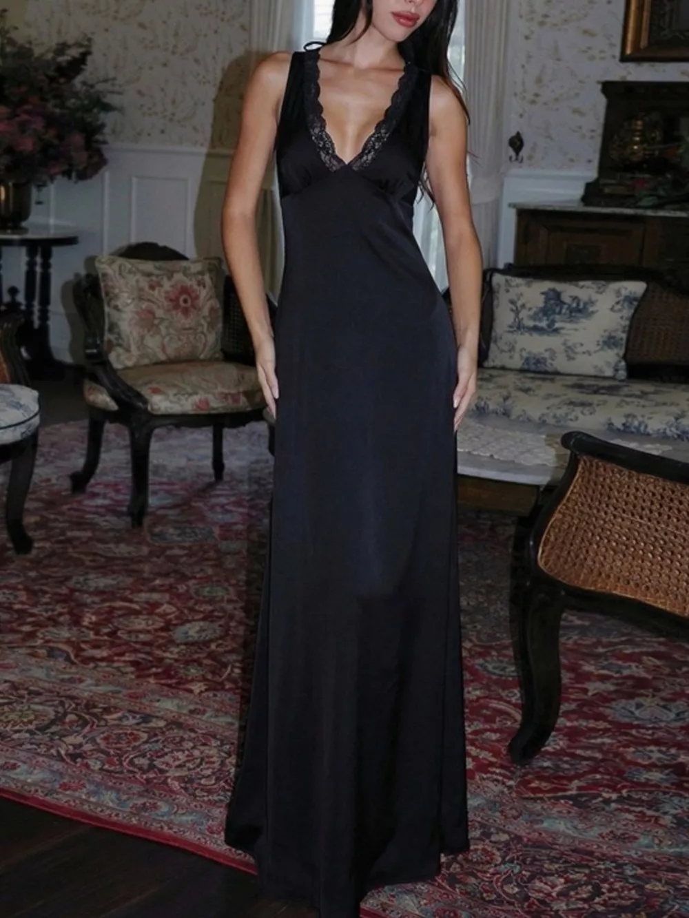 Lace Trim V-Neck Sleeveless Maxi Dress, image 5
