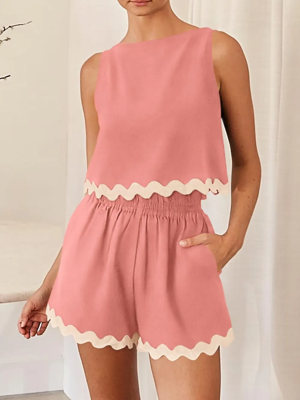 Contrast Trim Round Neck Top and Shorts Set, image 16