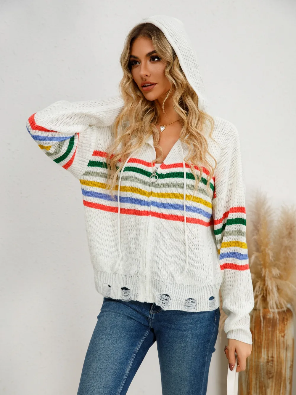 Drawstring Striped Dropped Shoulder Hooded Cardigan, image 5