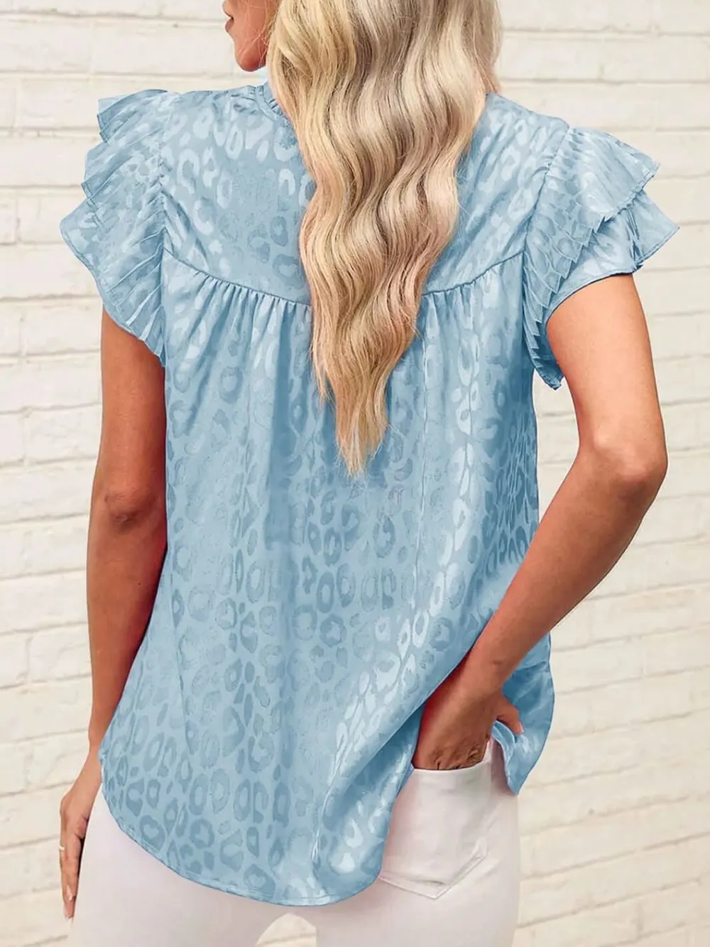 Leopard Frill Mock Neck Ruffled Cap Sleeve Top, image 12