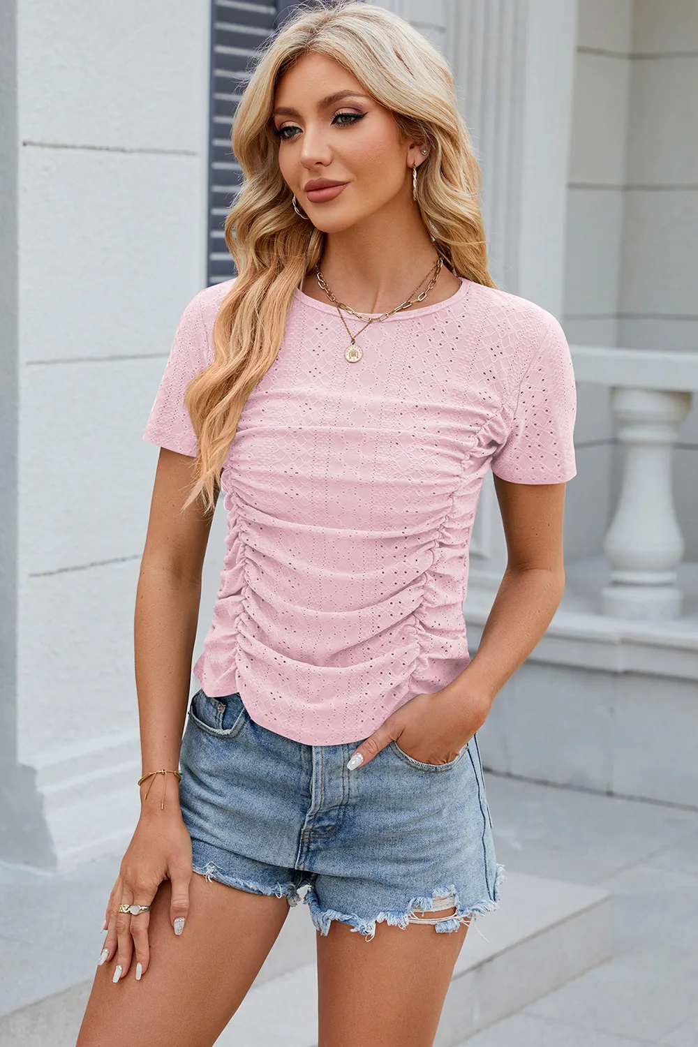 Eyelet Ruched Round Neck Short Sleeve T-Shirt, image 6