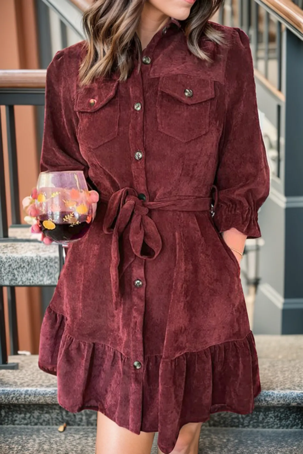 Tied Button Up Ruffle Hem Dress, image 3