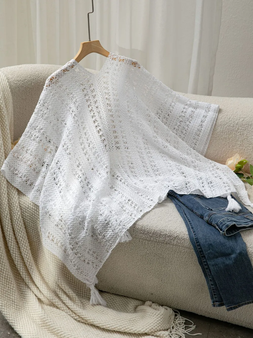 Openwork Tassel Open Front Knit Cover Up, image 9