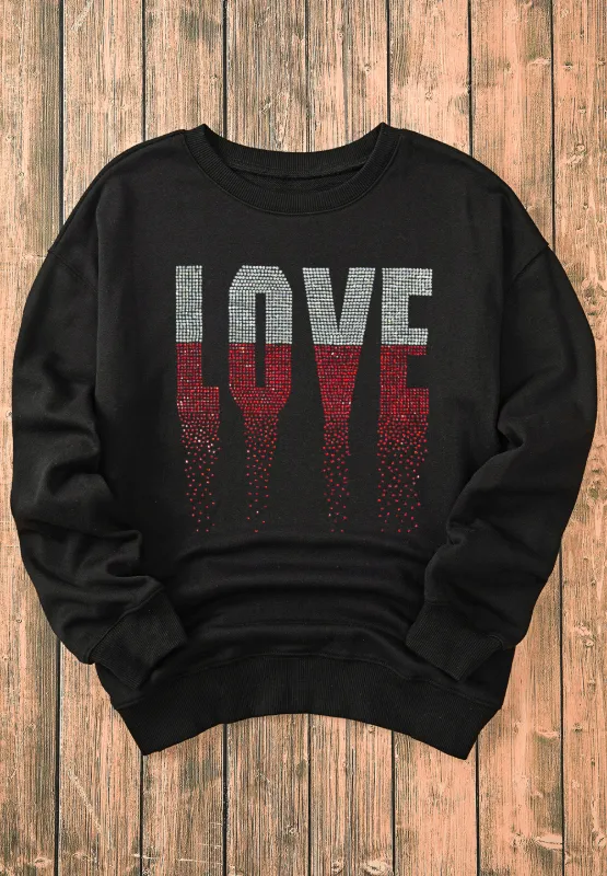 Rhinestone LOVE Round Neck Long Sleeve Sweatshirt, image 5