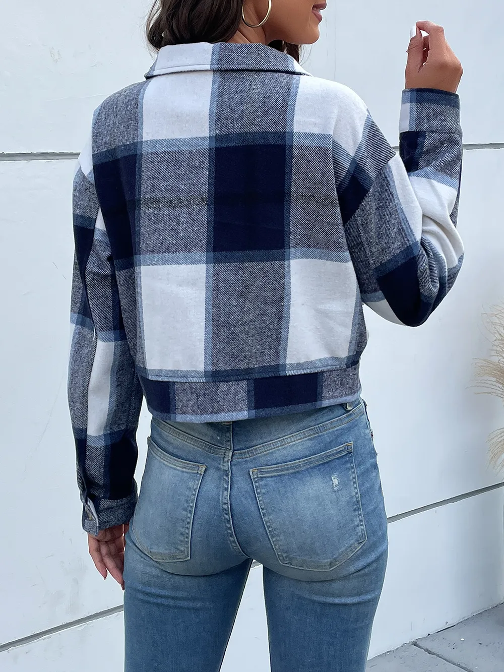 Plaid Button Up Drop Shoulder Cropped Jacket, image 25